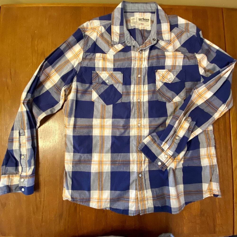 Urban Pipeline Western Shirt men’s XL blue plaid pearl snap button down